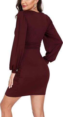 GLOWSUMM Women's Sexy V-Neck Long Sleeve High Waist Ruched Bodycon Cocktail Party Mini Dress in Kuwait