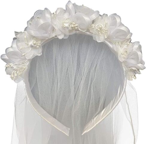 Swea Pea % Lili 18" Veil on Headband w/Flowers, Rhinestones, Pearl Accents H-T43 (White), Medium in Saudi Arabia