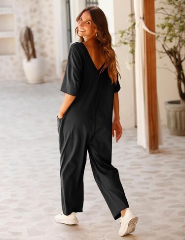 لينتا جمبسوت كاجوال للنساء من قطعة واحدة قابلة للتمدد من قطعة واحدة باكمام قصيرة ورقبة على شكل حرف V مع جيوب in Kuwait