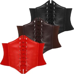 SATINIOR 3 Pieces Lace Women Corset Belts Elastic Wide Band Retro Tied Waspie Waist Belt, Black, Brown, Red (Large) in Saudi Arabia