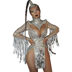 Yoyomomozi Sparkly Silver Fringe Mesh Transparent Sequin Dress Women Birthday Celebrate Bar Latin Dancer Dress Drag Queen Costumes Stage in Kuwait