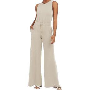 جمبسوت كيسونيك للنساء كاجوال بأزرار خلفية بدون أكمام وبنطلون بأرجل واسعة مع جيوب (بيج-S) in Kuwait