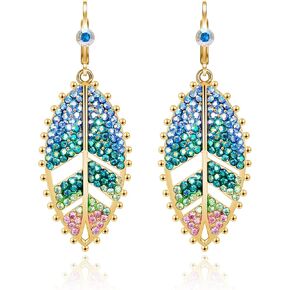 Superchic Delicate Lightweight White/Blue/Green Leaf Dangling Hoop Earrings with Colorful Cubic Zirconia in Gold/Silver Plated for Women Girls Gift Party