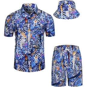 TUNEVUSE Mens Hawaiian Shirts and Shorts Set 2 Pieces Beach Outfits Flower Print Summer Tropical Suit with Bucket Hats