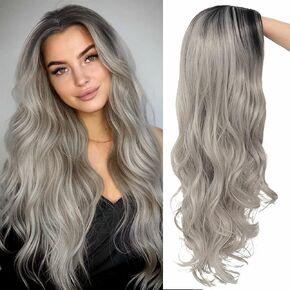 Curly Ombre Grey Wig for Women Long Wave Black Roots Synthetic Hair Natural Looking Cosplay Daily Party Costume Wig