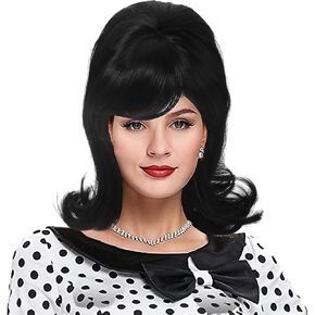 50s Flip Wig Black Beehive Wig 60s Black Wig with Retro Bangs 50s Costume Wig Women Halloween Party Wig (Black)