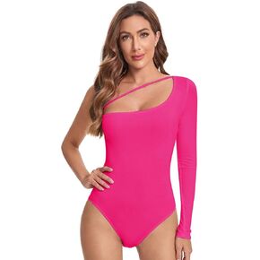 WDIRARA Women's One Shoulder Cutout Long Sleeve Elegant Skinny Bodysuit