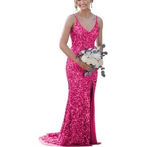 Sexy Spaghetti Straps Mermaid Sequin Prom Dresses Long for Women with Slit V Neck Formal Party Gowns