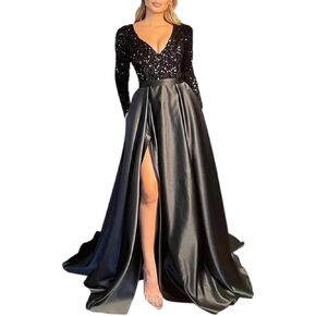 Monkidoll Sequins Long Sleeve Prom Dresses with Pockets Lace up V Neck Side Satin Long Formal Party Gowns