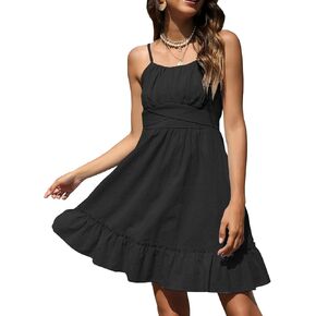 ROYLAMP Women's Summer Spaghetti Strap Dress Casual Wrap Sleeveless Backless Ruffle Hem Swing Mini Dresses with Pockets