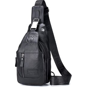 BULLCAPTAIN Genuine Leather Men's Sling Shoulder Backpack Multi-pocket Crossbody Chest Bags Travel Hiking Daypack with Earphone Hole (Brown)