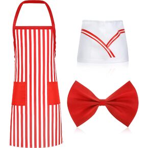 3 Pieces 1950s Adult Waiter Costume Kit Soda Jerk Costume Red and White Striped Apron Adjustable Bib Aprons with 2 Pockets Chef Hat Adjustable Red Bow Ties for Halloween Cosplay Party