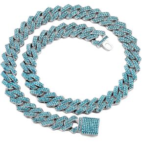 loumssiy Silver Plated Bling Miami Cuban Link Chain for Men Women Iced Out Miami Cuban Necklace Diamond Chain for Men 14mm Colorful Hip Hop Jewelry