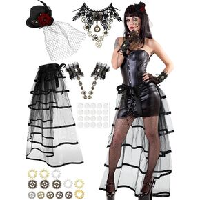 مجموعة أزياء Marsui Halloween Steampunk الفيكتورية التنكرية تتضمن ربطة عنق على تنورة نصف صخب، أغطية رأس قوطية سوداء، معدات Steampunk من الدانتيل، سوار معصم، شارات عين للنساء، إكسسوارات تنكرية in Kuwait