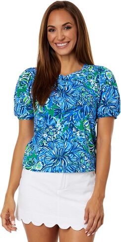 بلوزة نسائية من Lilly Pulitzer Rhett Knit – محبوكة بطبعة زهور – رقبة دائرية – أكمام منتفخة Abaco Blue In Turtle Awe SM One Size in Saudi Arabia