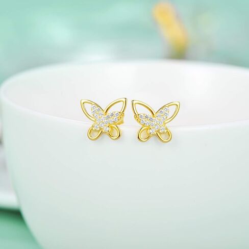 PYTALI Butterfly Earrings for Women 925 Sterling Silver Gold Plated Hypoallergenic Earrings Dainty Cubic Zirconia Butterfly Stud Earrings for Women Girls in Saudi Arabia