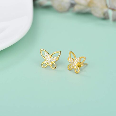 PYTALI Butterfly Earrings for Women 925 Sterling Silver Gold Plated Hypoallergenic Earrings Dainty Cubic Zirconia Butterfly Stud Earrings for Women Girls in Saudi Arabia