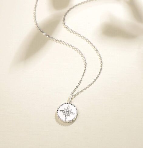 AGVANA 14K Solid White Gold Diamond Tiny North Star Coin Dainty Pendant Necklace for Women Fine Jewelry fo Her Anniversary Birthday Gifts for Women Girls Mom Wife Girlfriend Her, 16+2 Inch in Saudi Arabia