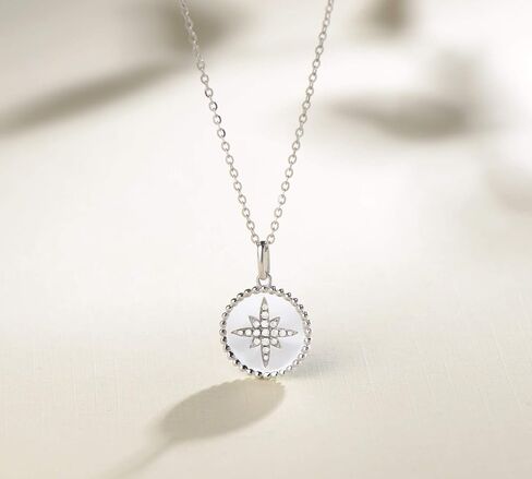 AGVANA 14K Solid White Gold Diamond Tiny North Star Coin Dainty Pendant Necklace for Women Fine Jewelry fo Her Anniversary Birthday Gifts for Women Girls Mom Wife Girlfriend Her, 16+2 Inch in Saudi Arabia
