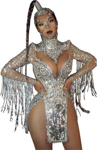 Yoyomomozi Sparkly Silver Fringe Mesh Transparent Sequin Dress Women Birthday Celebrate Bar Latin Dancer Dress Drag Queen Costumes Stage in Kuwait