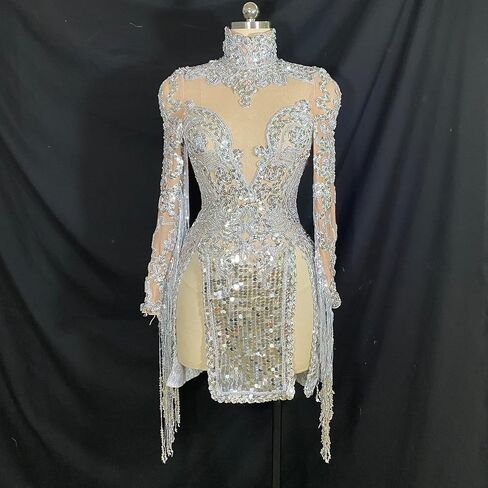 Yoyomomozi Sparkly Silver Fringe Mesh Transparent Sequin Dress Women Birthday Celebrate Bar Latin Dancer Dress Drag Queen Costumes Stage in Kuwait
