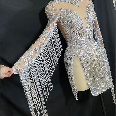 Yoyomomozi Sparkly Silver Fringe Mesh Transparent Sequin Dress Women Birthday Celebrate Bar Latin Dancer Dress Drag Queen Costumes Stage in Kuwait