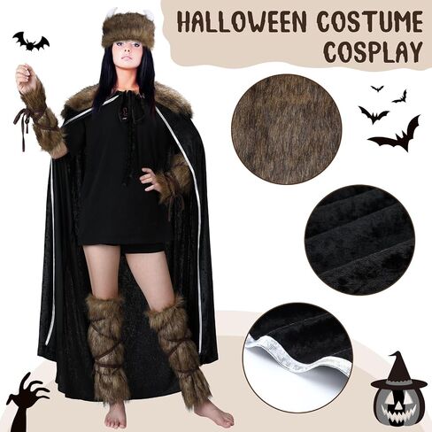 Jeyiour Women Viking Costumes Halloween Viking Warrior Costume Viking Costume with Faux Fur Collar Cape Hat Set for Women Halloween Cosplay Outfits in Saudi Arabia