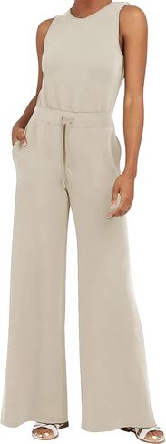 جمبسوت كيسونيك للنساء كاجوال بأزرار خلفية بدون أكمام وبنطلون بأرجل واسعة مع جيوب (بيج-S) in Kuwait