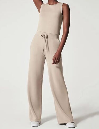 جمبسوت كيسونيك للنساء كاجوال بأزرار خلفية بدون أكمام وبنطلون بأرجل واسعة مع جيوب (بيج-S) in Kuwait