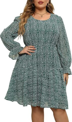 Nemidor Womens Casual Plus Size Long Lantern Sleeve Boho Chiffon Print Midi Skater Dress NEM320 in Kuwait
