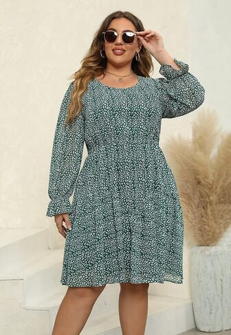 Nemidor Womens Casual Plus Size Long Lantern Sleeve Boho Chiffon Print Midi Skater Dress NEM320 in Kuwait
