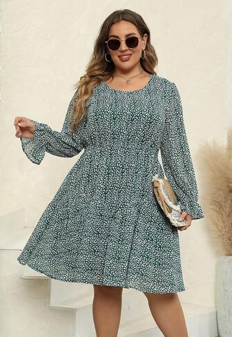 Nemidor Womens Casual Plus Size Long Lantern Sleeve Boho Chiffon Print Midi Skater Dress NEM320 in Kuwait