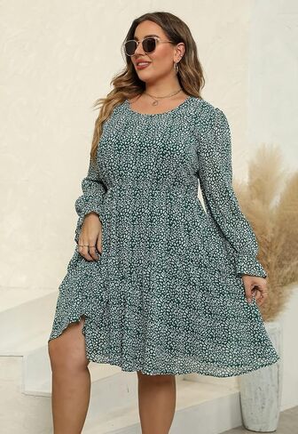 Nemidor Womens Casual Plus Size Long Lantern Sleeve Boho Chiffon Print Midi Skater Dress NEM320 in Kuwait