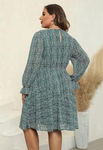 Nemidor Womens Casual Plus Size Long Lantern Sleeve Boho Chiffon Print Midi Skater Dress NEM320 in Kuwait