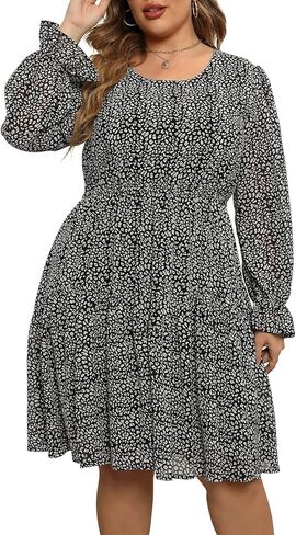 Nemidor Womens Casual Plus Size Long Lantern Sleeve Boho Chiffon Print Midi Skater Dress NEM320 in Saudi Arabia