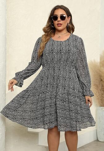 Nemidor Womens Casual Plus Size Long Lantern Sleeve Boho Chiffon Print Midi Skater Dress NEM320 in Saudi Arabia