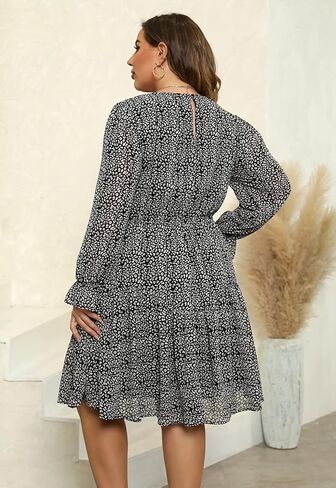 Nemidor Womens Casual Plus Size Long Lantern Sleeve Boho Chiffon Print Midi Skater Dress NEM320 in Saudi Arabia