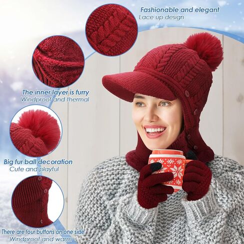 Cuffbow 8 قطع الشتاء محبوك قبعة بالاكلافا قبعة مضادة للانزلاق لمس قفازات مجموعة الرقبة أكثر دفئا التزلج غطاء الوجه الرقبة الجراب مقنعين وشاح للمرأة in Kuwait