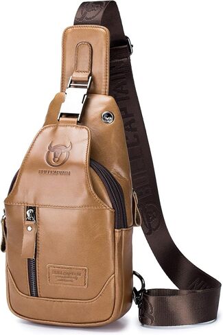 BULLCAPTAIN Genuine Leather Men Sling Backpack Multi Pocket Crossbody Chest Bags Travel Hiking Daypack in Saudi Arabia