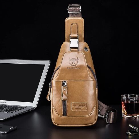 BULLCAPTAIN Genuine Leather Men Sling Backpack Multi Pocket Crossbody Chest Bags Travel Hiking Daypack in Saudi Arabia