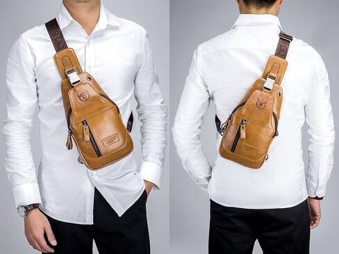 BULLCAPTAIN Genuine Leather Men Sling Backpack Multi Pocket Crossbody Chest Bags Travel Hiking Daypack in Saudi Arabia