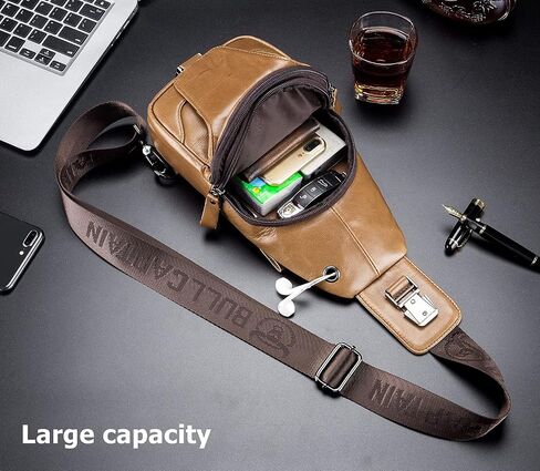 BULLCAPTAIN Genuine Leather Men Sling Backpack Multi Pocket Crossbody Chest Bags Travel Hiking Daypack in Saudi Arabia