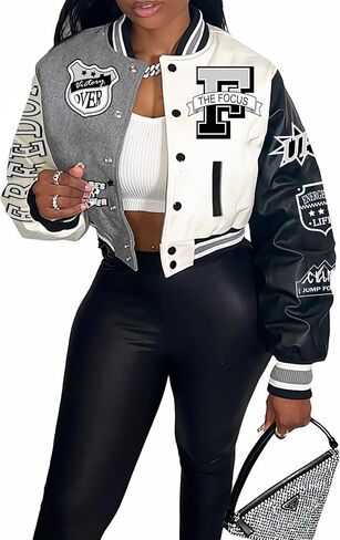 COZYPOIN Women's Varsity Jacket Print Cropped Color Block Jacket 2023 Unisex Baseball Bomber Y2K Streetwear Coats(LightGrey-S) in Saudi Arabia