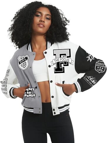COZYPOIN Women's Varsity Jacket Print Cropped Color Block Jacket 2023 Unisex Baseball Bomber Y2K Streetwear Coats(LightGrey-S) in Saudi Arabia