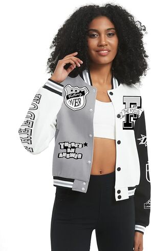 COZYPOIN Women's Varsity Jacket Print Cropped Color Block Jacket 2023 Unisex Baseball Bomber Y2K Streetwear Coats(LightGrey-S) in Saudi Arabia