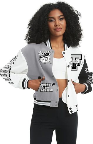 COZYPOIN Women's Varsity Jacket Print Cropped Color Block Jacket 2023 Unisex Baseball Bomber Y2K Streetwear Coats(LightGrey-S) in Saudi Arabia