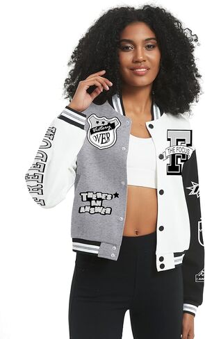 COZYPOIN Women's Varsity Jacket Print Cropped Color Block Jacket 2023 Unisex Baseball Bomber Y2K Streetwear Coats(LightGrey-S) in Saudi Arabia