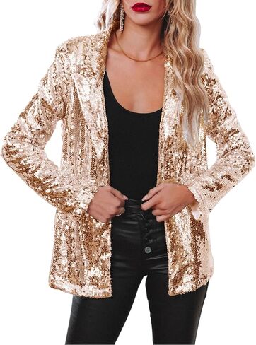 Women's Sparkle Sequin Bomber Jacket Coat Long Sleeve Back Split Party Rave Street Outerwear Champagne S in Kuwait