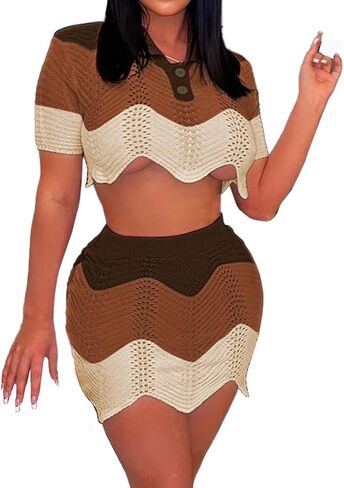 أطقم تنورة كانسون للسيدات قطعتين ملابس ملونة متماسكة وأكمام قصيرة قمصان بولو قصيرة وتنورة ضيقة in Kuwait