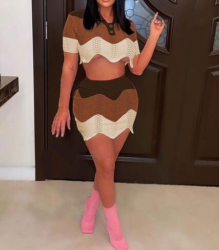 أطقم تنورة كانسون للسيدات قطعتين ملابس ملونة متماسكة وأكمام قصيرة قمصان بولو قصيرة وتنورة ضيقة in Kuwait